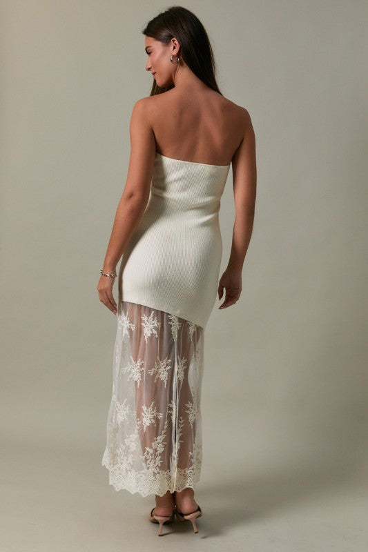 Modern Romance Strapless Knit Lace Midi Dress - Off White
