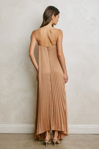 Evening Glow Pleated Satin Maxi Dress – Gold