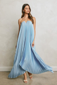 Evening Glow Pleated Satin Maxi Dress – Light Blue