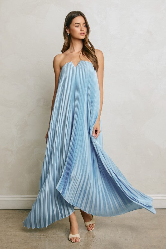 Evening Glow Pleated Satin Maxi Dress – Light Blue