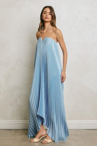 Evening Glow Pleated Satin Maxi Dress – Light Blue