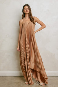 Evening Glow Pleated Satin Maxi Dress – Gold