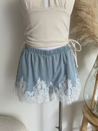 Arden Lace Trim Chambray Shorts - Light Blue