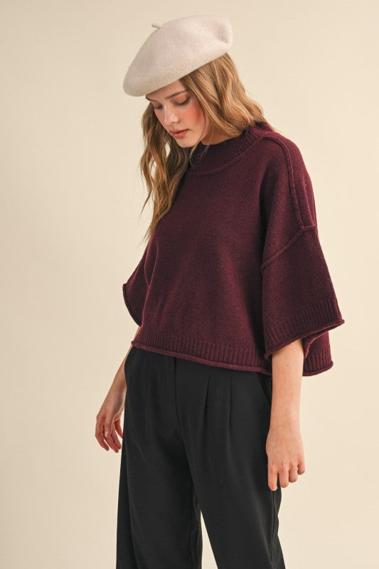 Cleo Mock Neck Short Sleeve Sweater – Burgundy