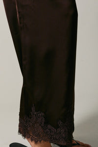 Sloane Satin Wide Leg Lace Trim Pants – Chocolate Brown