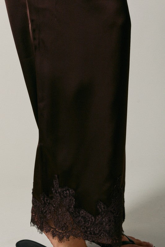 Sloane Satin Wide Leg Lace Trim Pants – Chocolate Brown
