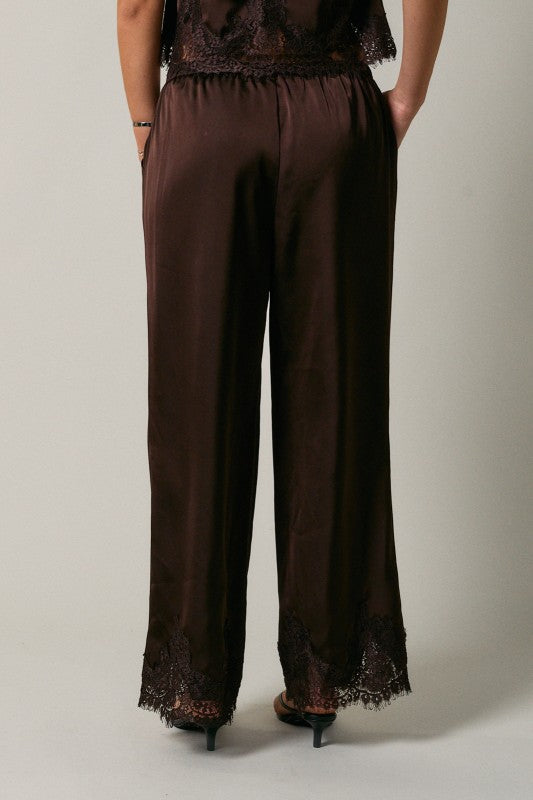 Sloane Satin Wide Leg Lace Trim Pants – Chocolate Brown