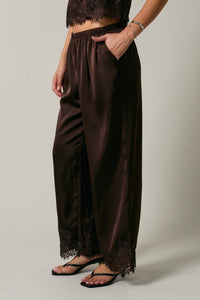 Sloane Satin Wide Leg Lace Trim Pants – Chocolate Brown
