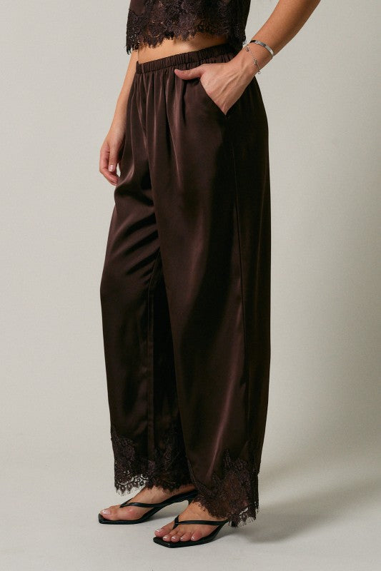 Sloane Satin Wide Leg Lace Trim Pants – Chocolate Brown