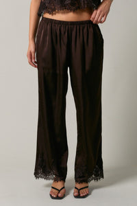 Sloane Satin Wide Leg Lace Trim Pants – Chocolate Brown