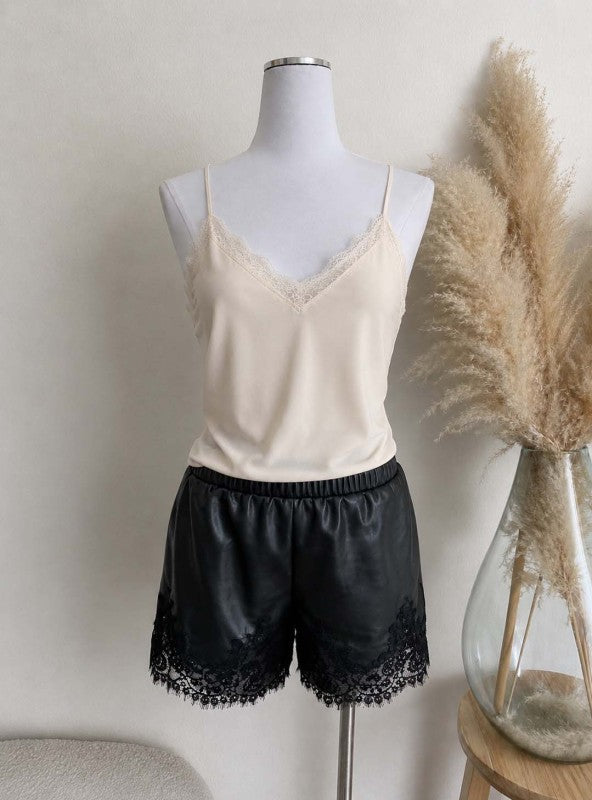 Arden Faux Leather Lace Trim Shorts - Black