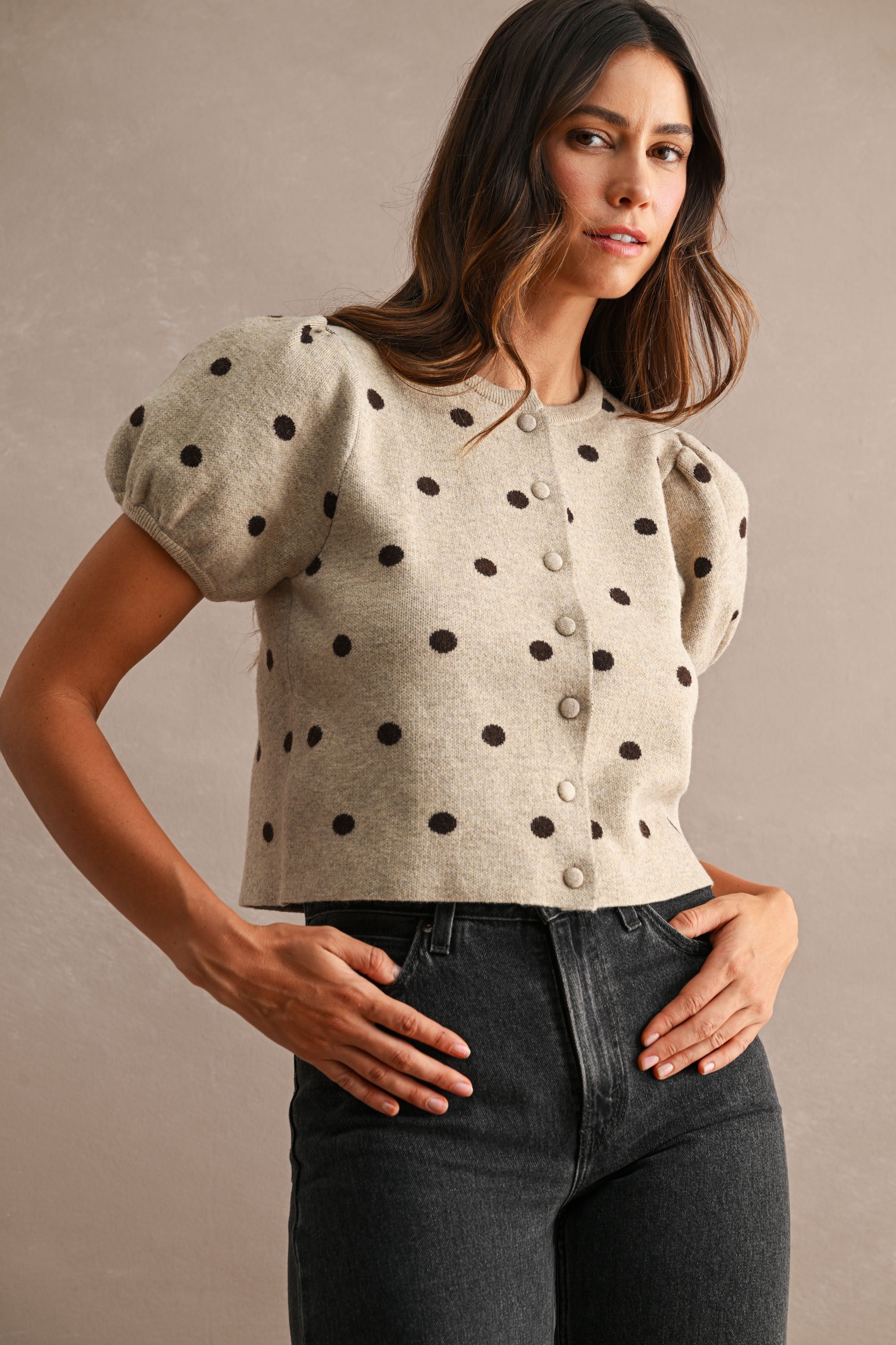 Sadie Polka Dot Puff Sleeve Sweater - Taupe