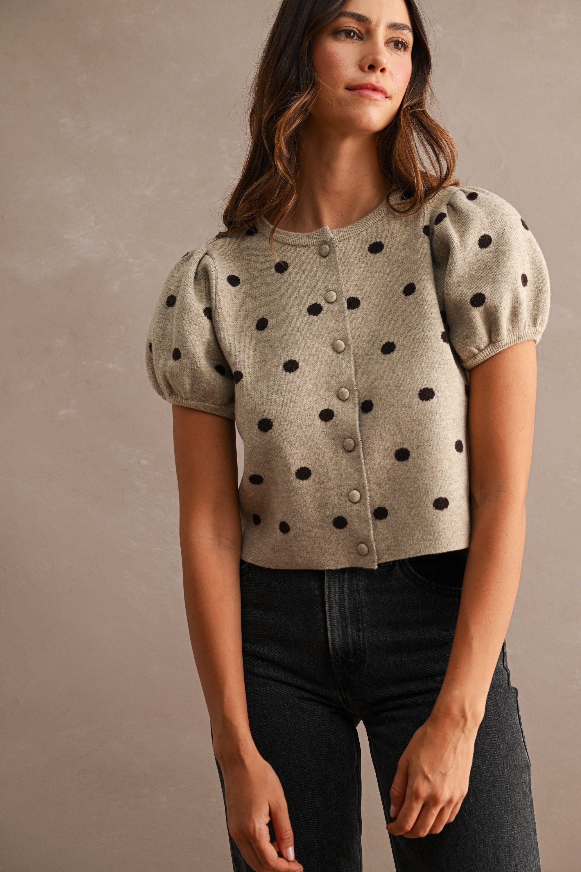Sadie Polka Dot Puff Sleeve Sweater - Taupe