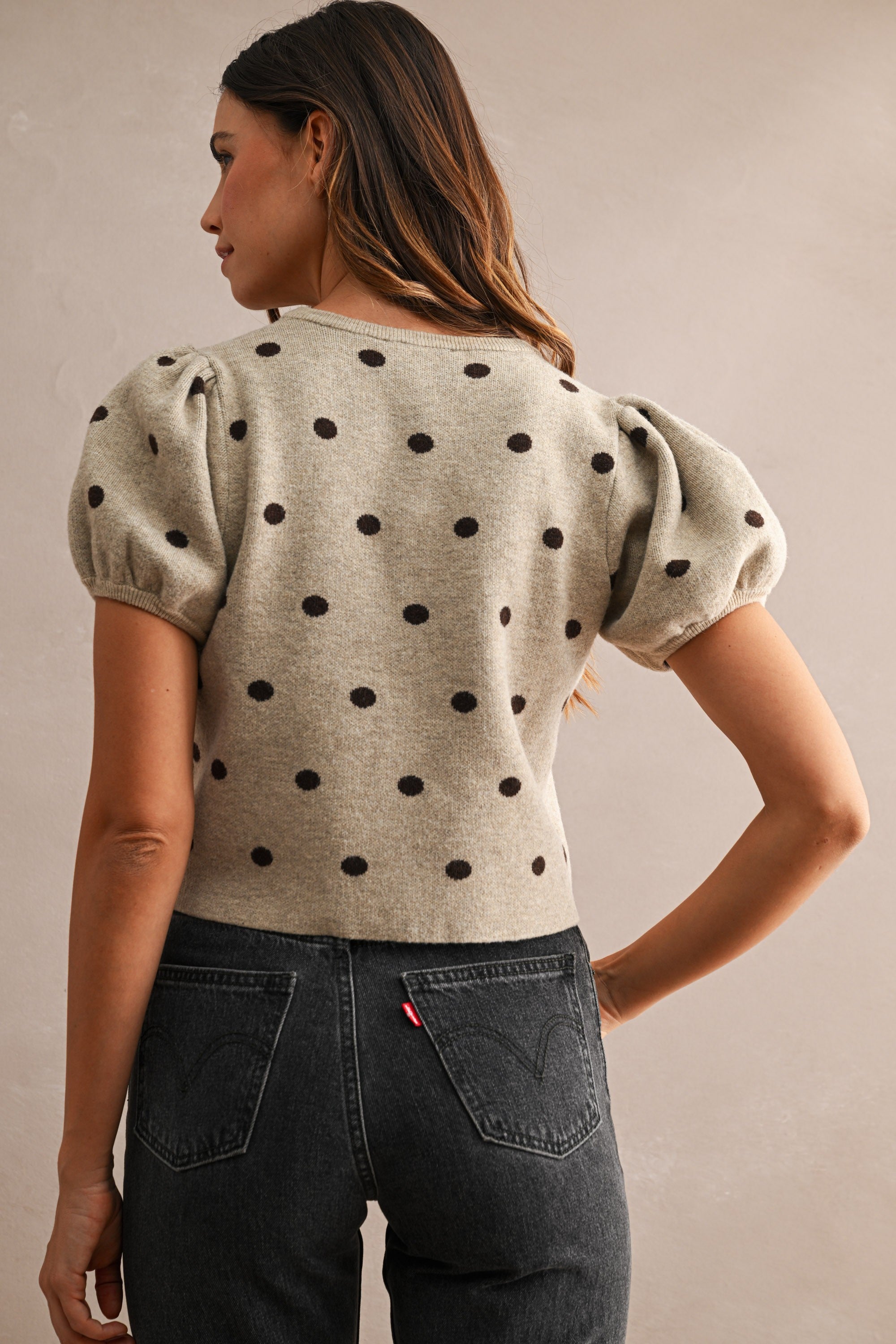 Sadie Polka Dot Puff Sleeve Sweater - Taupe
