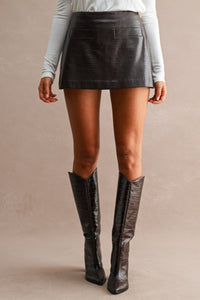Blair Crocodile Embossed Faux Leather Mini Skirt - Chocolate