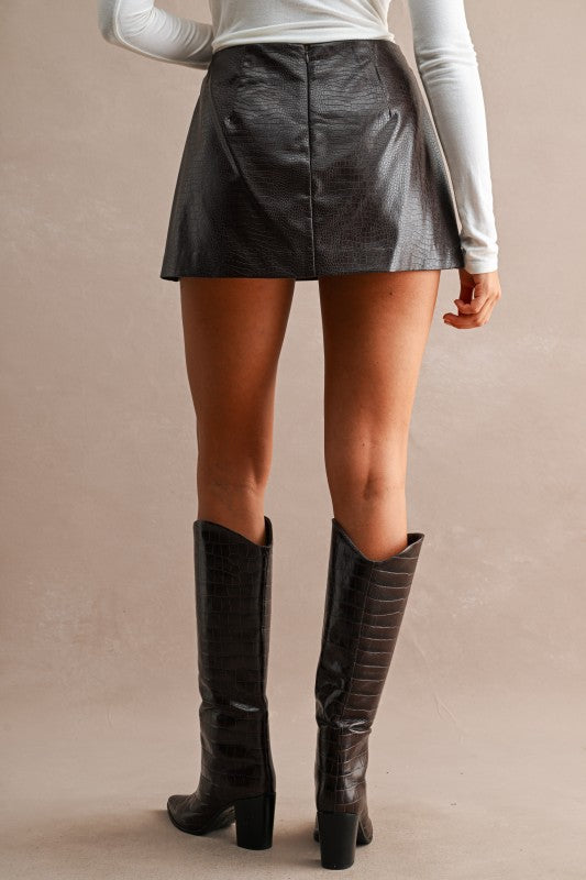Blair Crocodile Embossed Faux Leather Mini Skirt - Chocolate