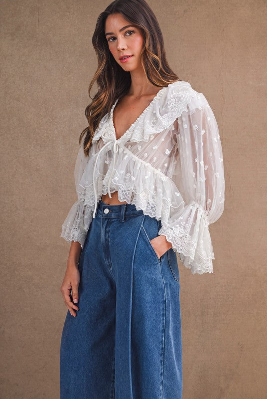 Eloise Lace Puff Sleeve Top - Cream