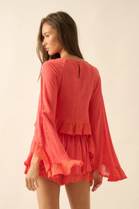 Sunset Escape Lace Ruffle Hem Top - Coral