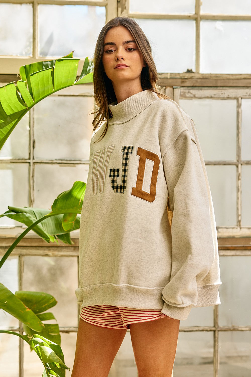 WWJD Patchwork Mock Neck Sweatshirt - Ash Grey Multi