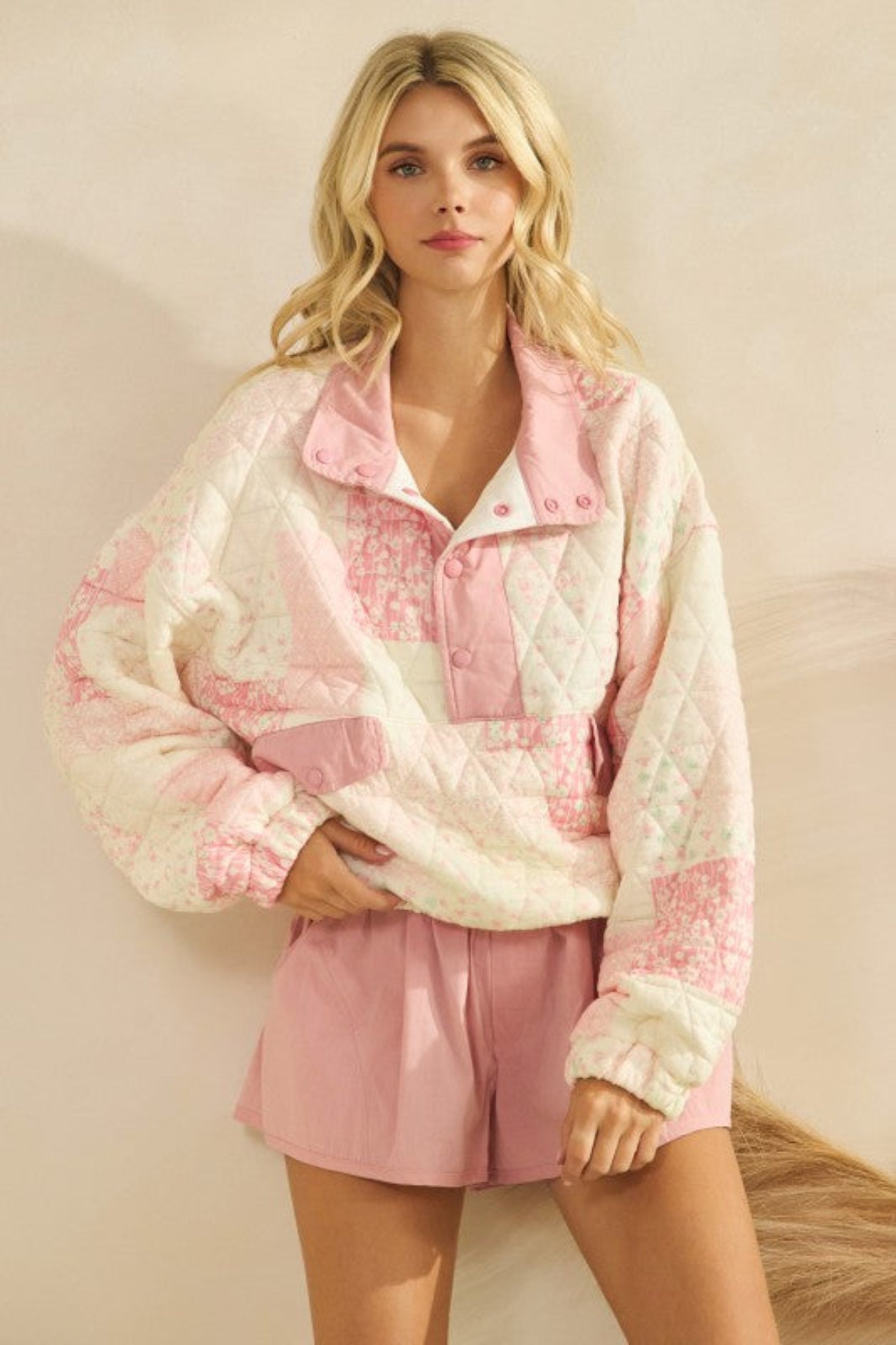 Quilted Floral Pullover - Pink Multi