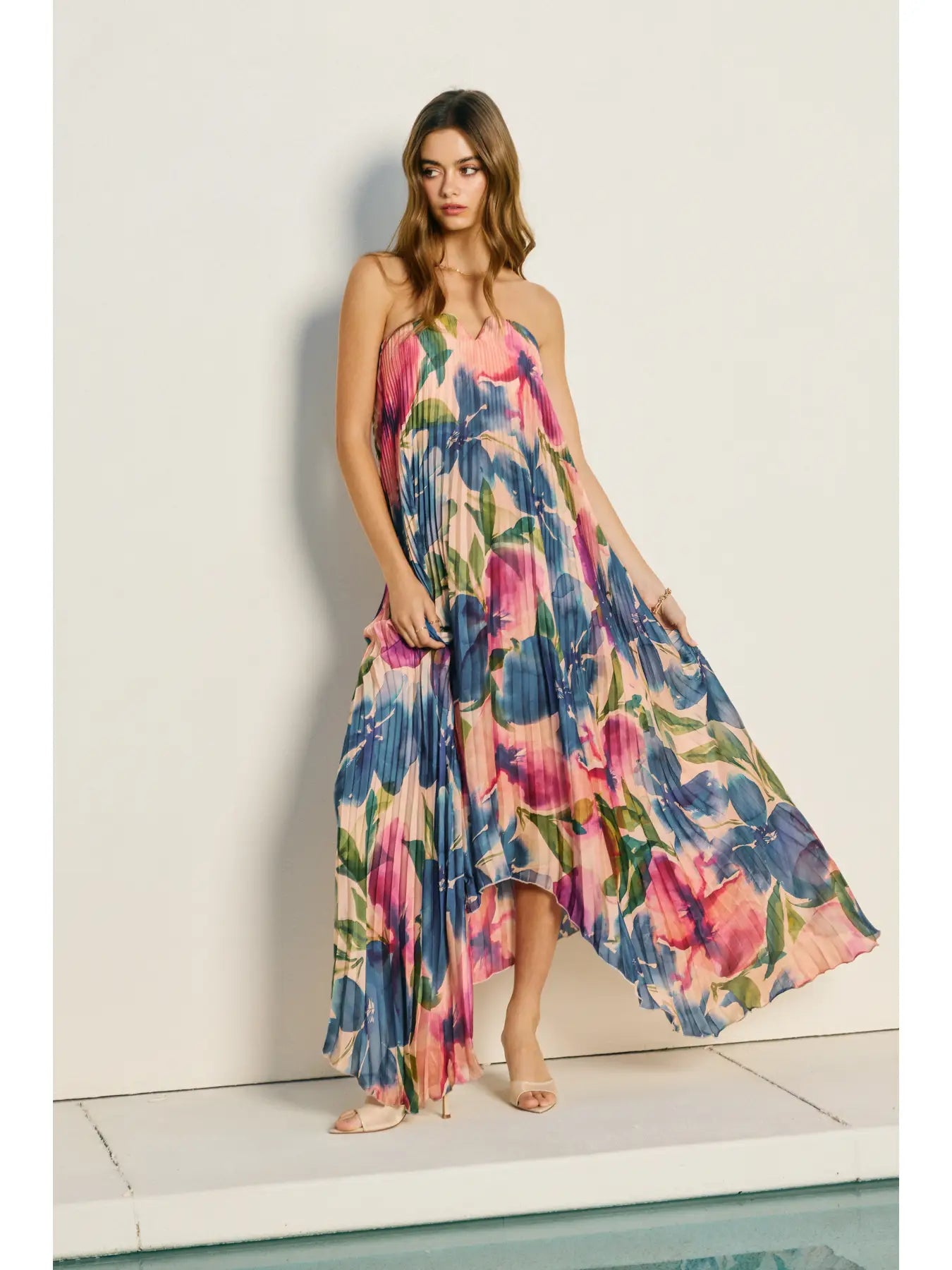 Palm Paradise Pleated Floral Satin Maxi Dress – Blue Multi