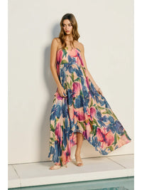 Palm Paradise Pleated Satin Maxi Dress – Blue Floral