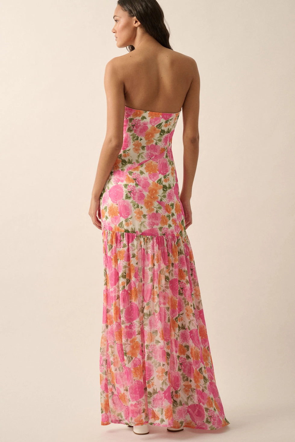 Sophia Floral Strapless Maxi Dress - Pink and White - restock!