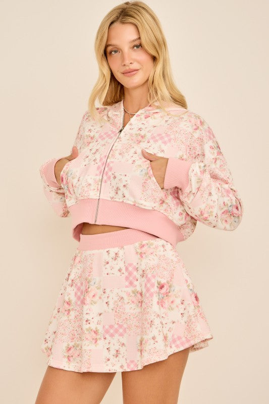 Juliette Floral Patchwork Cropped Hoodie - Pink Multi - SALE