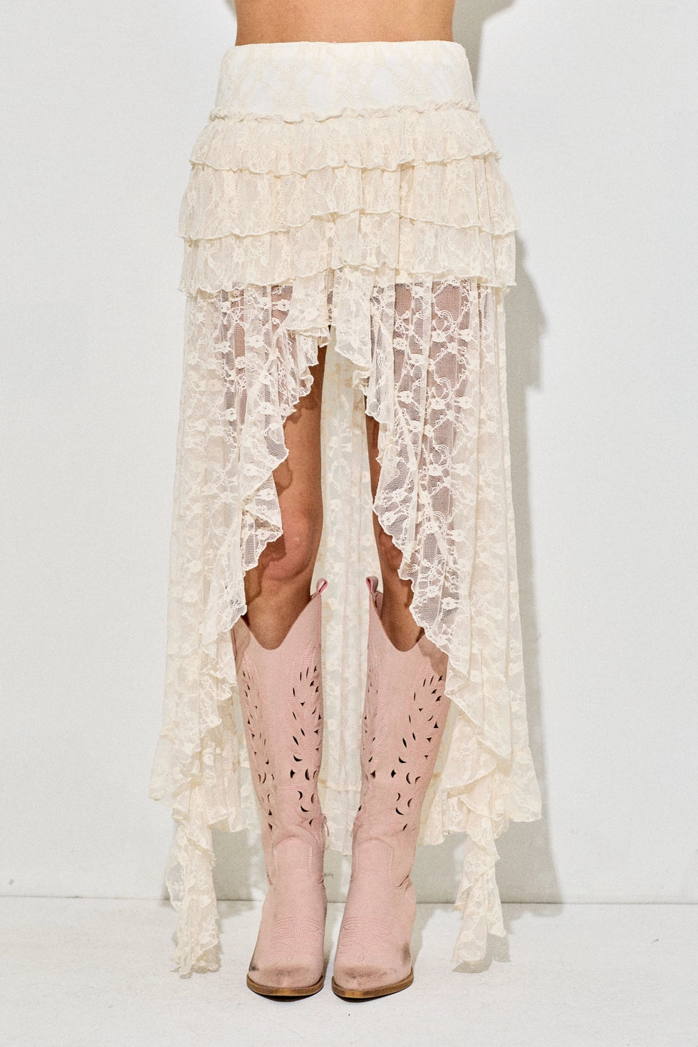 Boho Lace Tiered Maxi Skirt - Cream