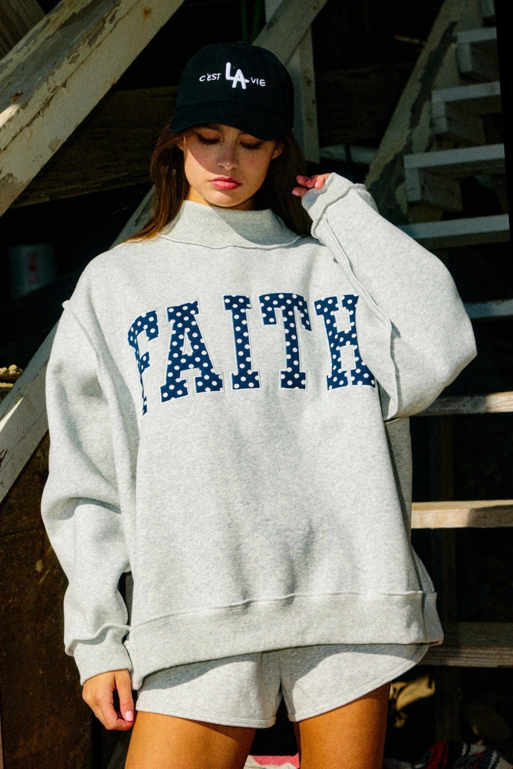 Faith Embroidered Polka Dot Mock Neck Sweatshirt - restock!