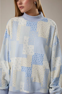Blue Patchwork Mock Neck Sweatshirt - SALE