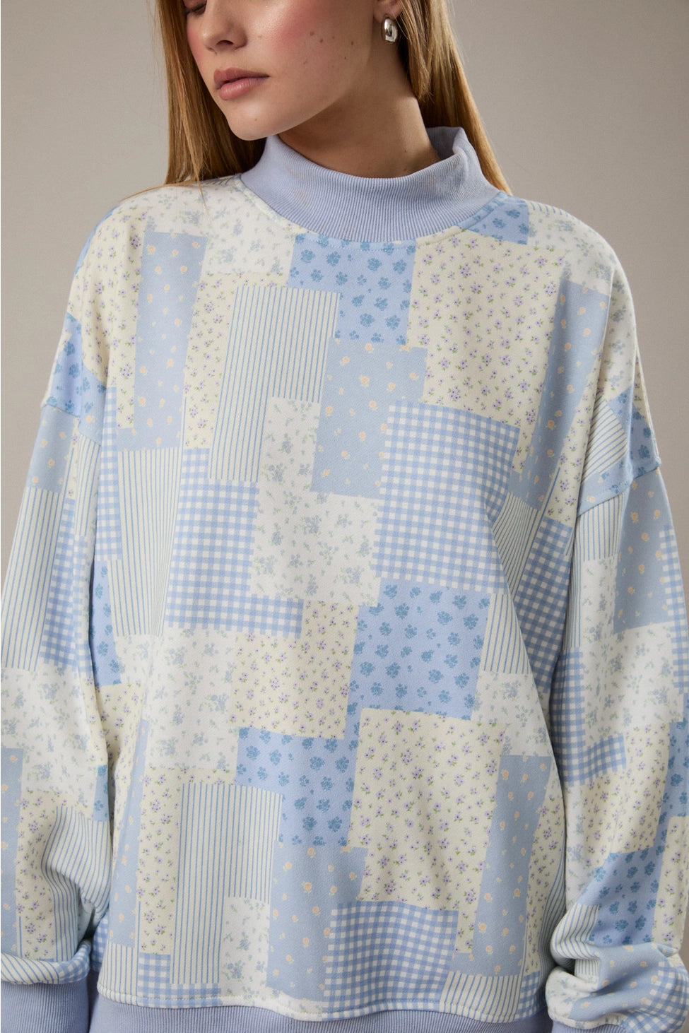 Blue Patchwork Mock Neck Sweatshirt - SALE