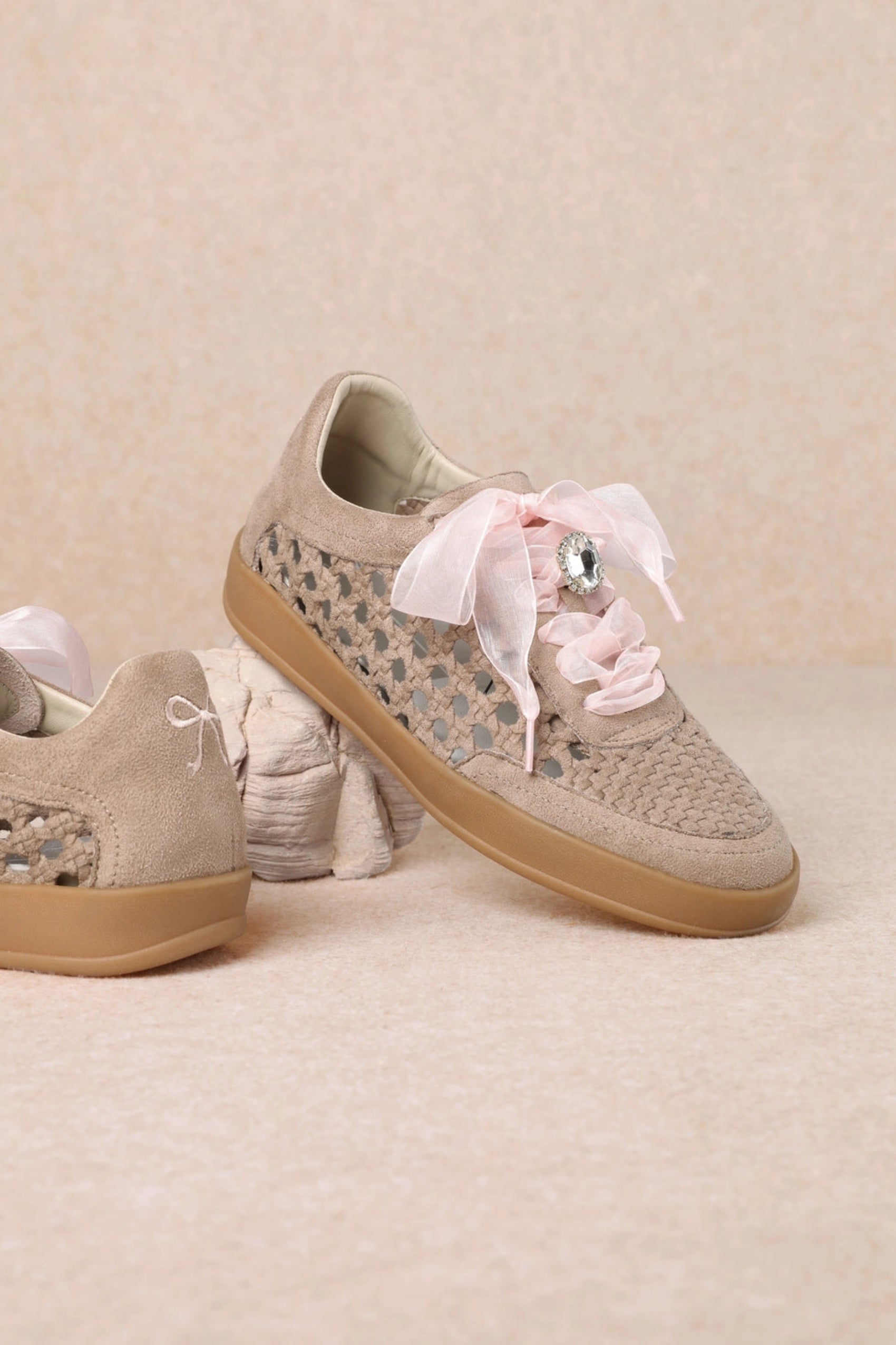 Giselle Woven Lace Up Sneakers - Dark Beige