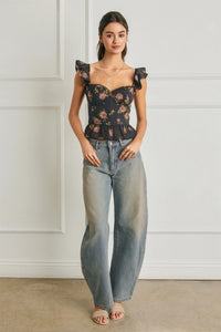 Greer Floral Corset Peplum Top - Black