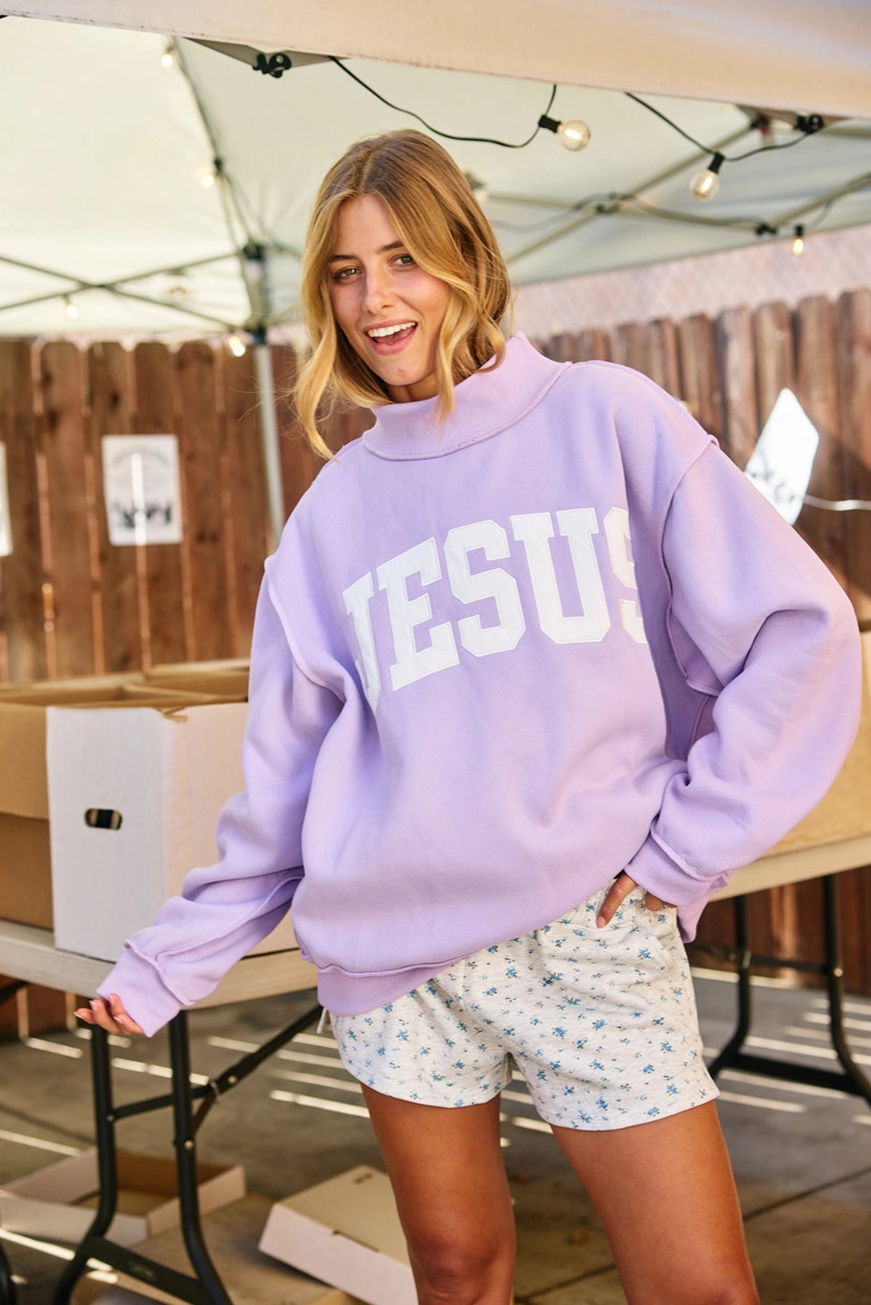 PREORDER - Jesus Embroidered Mock Neck Sweatshirt - Lavender (SHIPS BY 1/8)