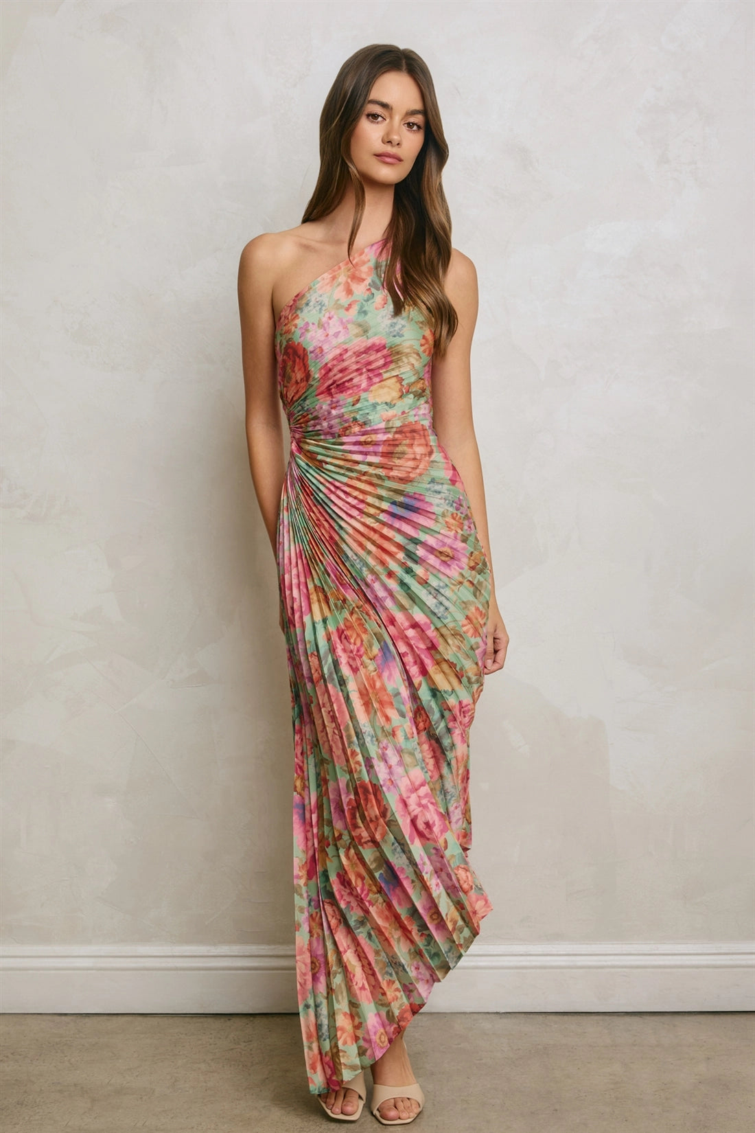 Romantic Garden One Shoulder Asymmetrical Maxi Dress - Green Multi