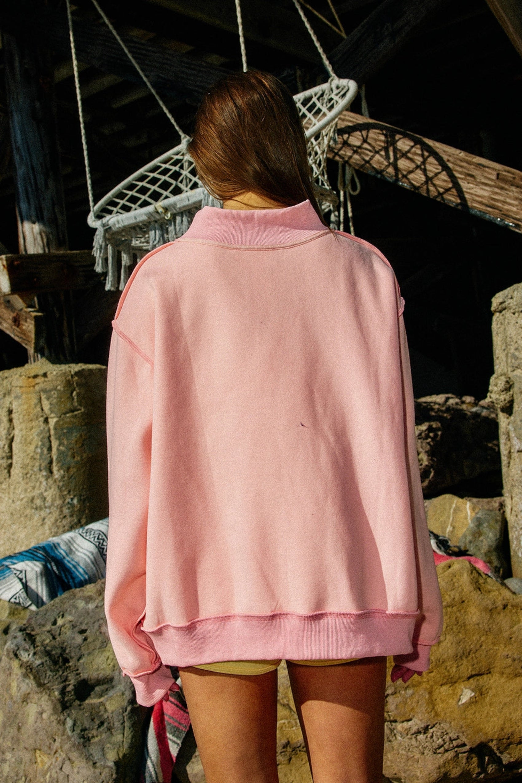 Pray Embroidered Mock Neck Sweatshirt - Pink