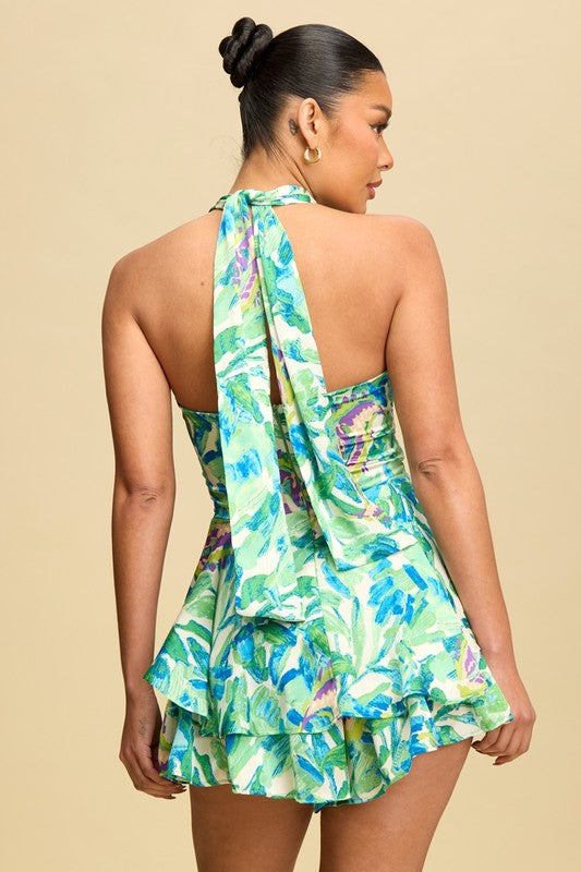 Take Me To Tulum Halter Romper - Green Multi