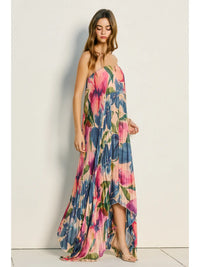 Palm Paradise Pleated Satin Maxi Dress – Blue Floral