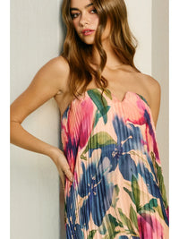 Palm Paradise Pleated Satin Maxi Dress – Blue Floral