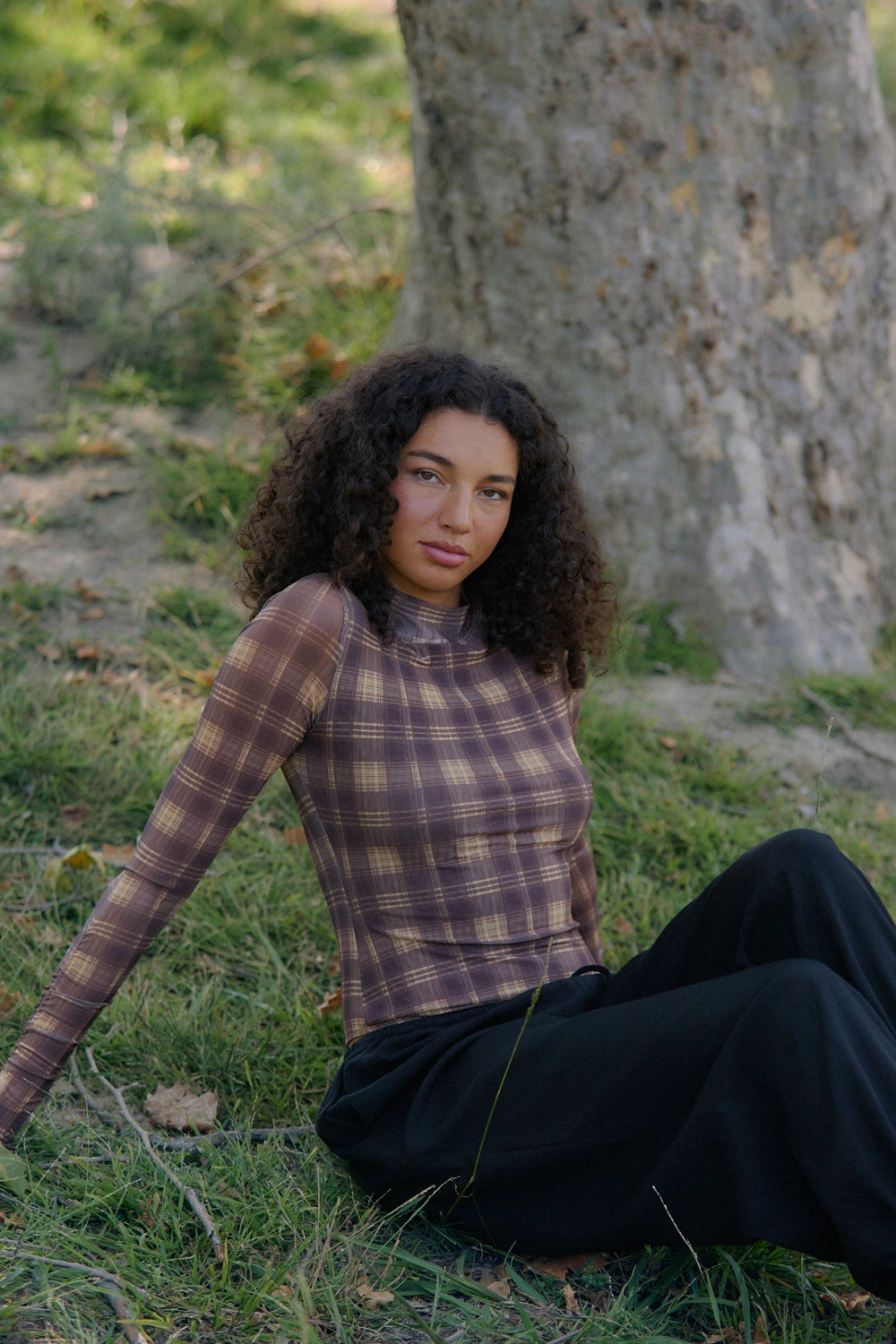 Hollis Plaid Mesh Mock Neck Bodysuit - Brown