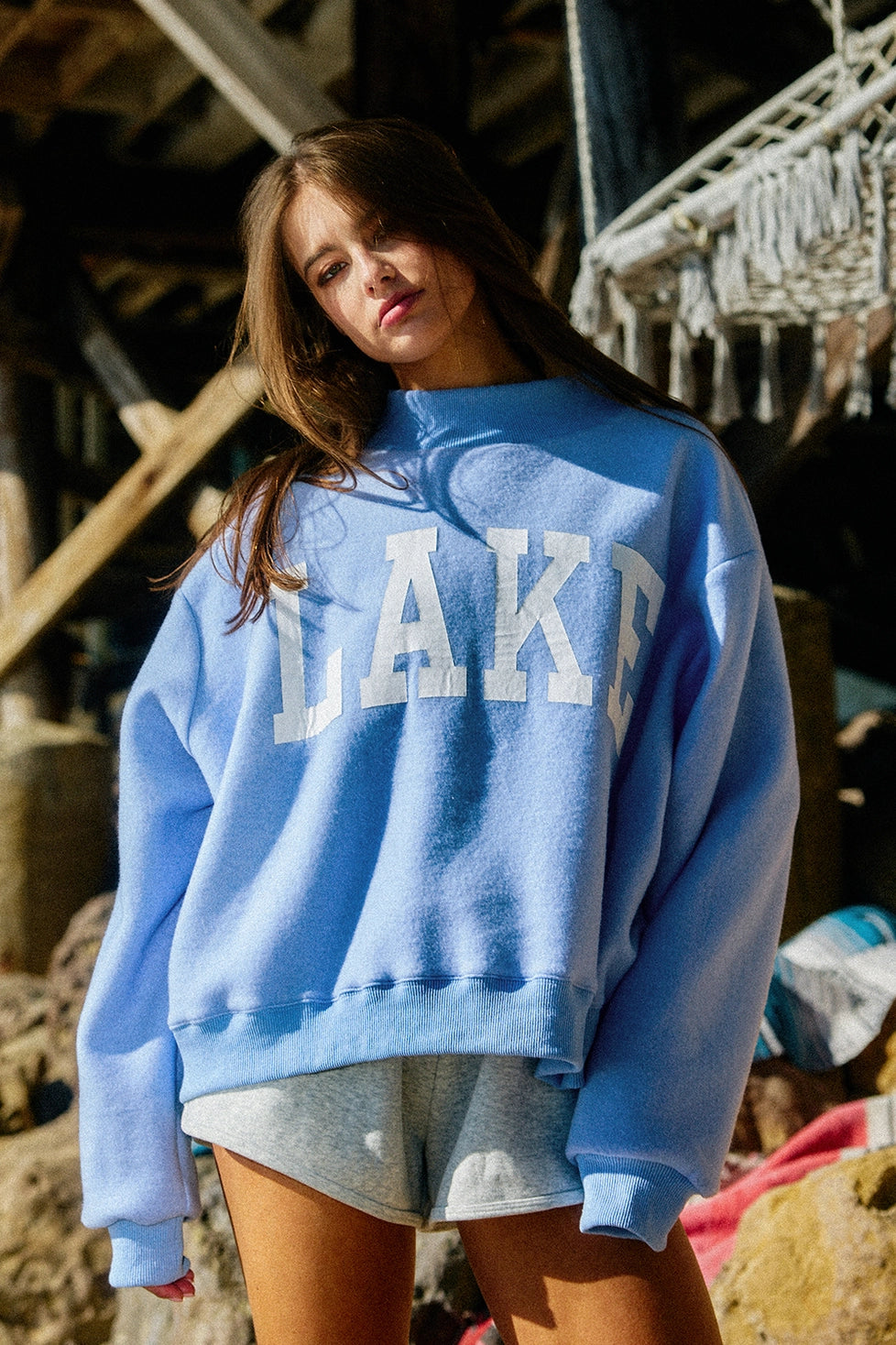 Beach/Lake Reversible Mock Neck Sweatshirt - Blue