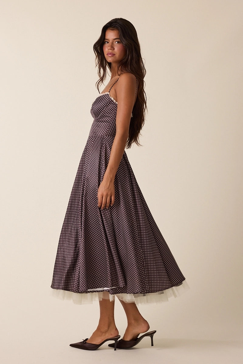 Vintage Romance Brown Polka Dot Lace Fit and Flare Midi Dress