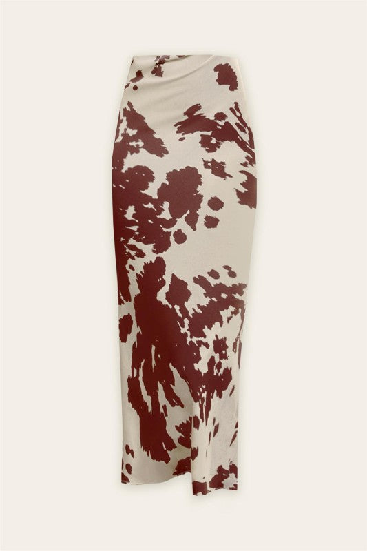 Western Cow Print Maxi Skirt - Brown and Cream