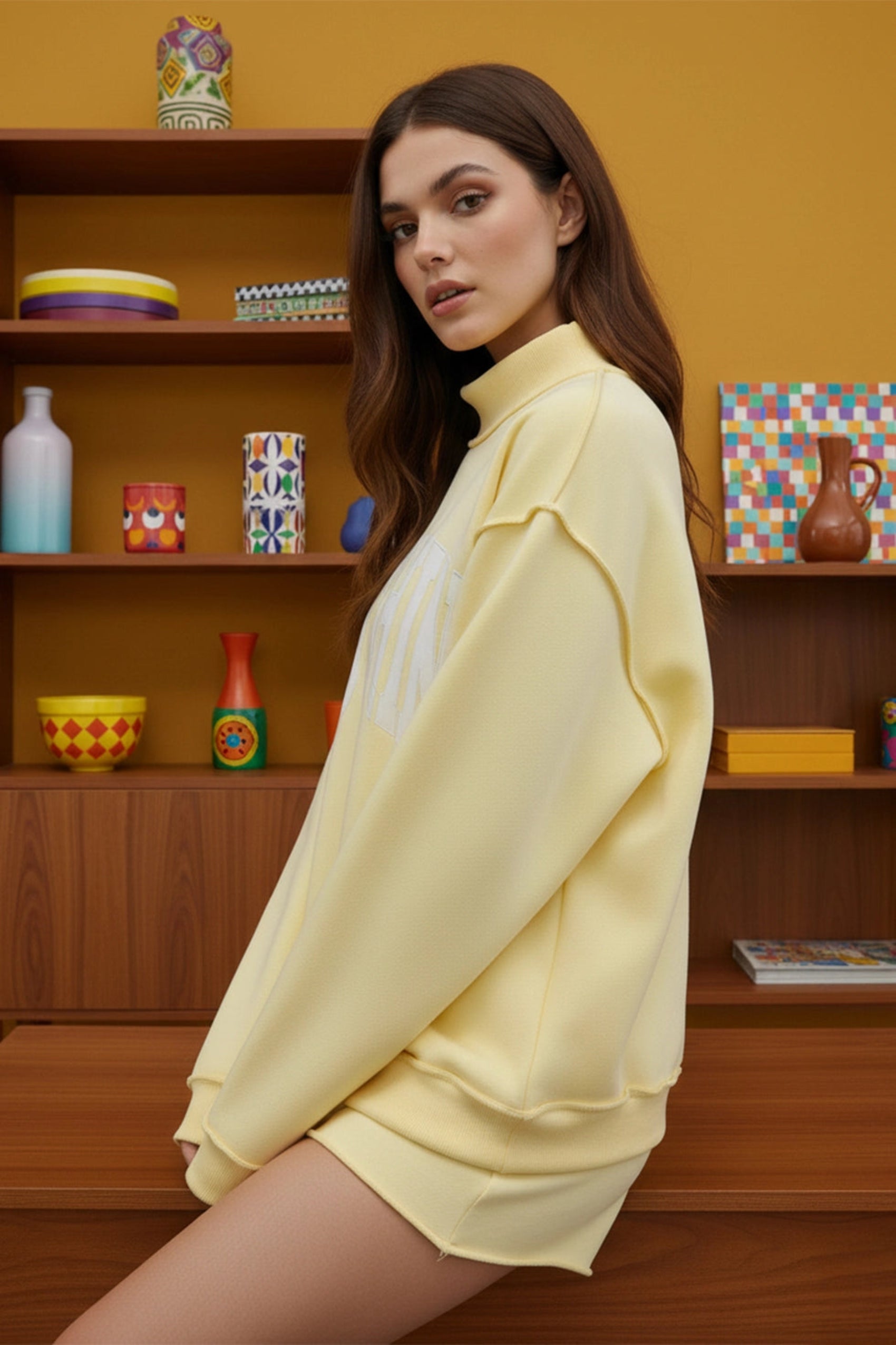 Mother Embroidered Mock Neck Sweatshirt - Yellow