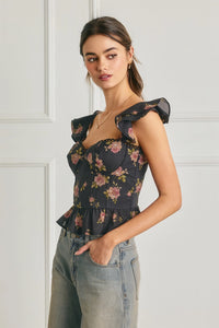 Greer Floral Corset Peplum Top - Black