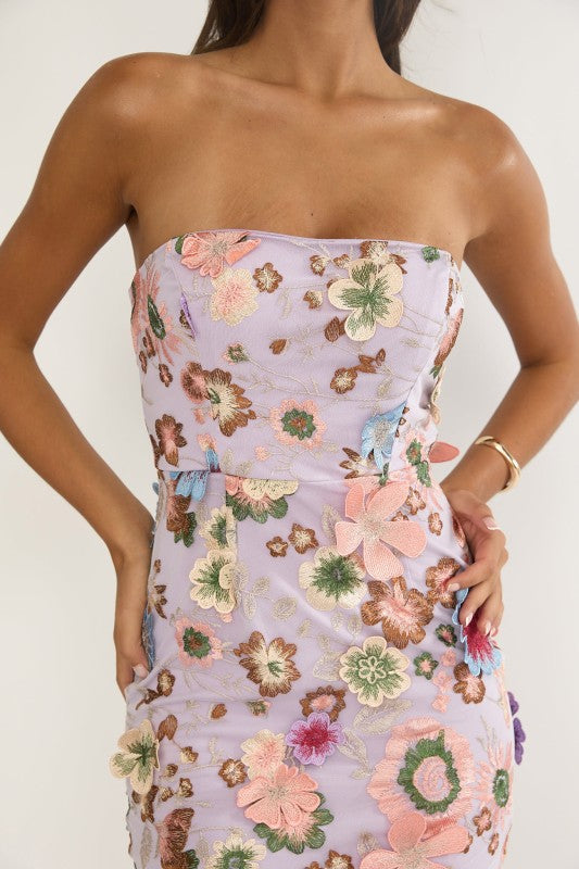 Enchanted Petals Floral Applique Midi Dress - Lilac