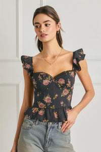 Greer Floral Corset Peplum Top - Black