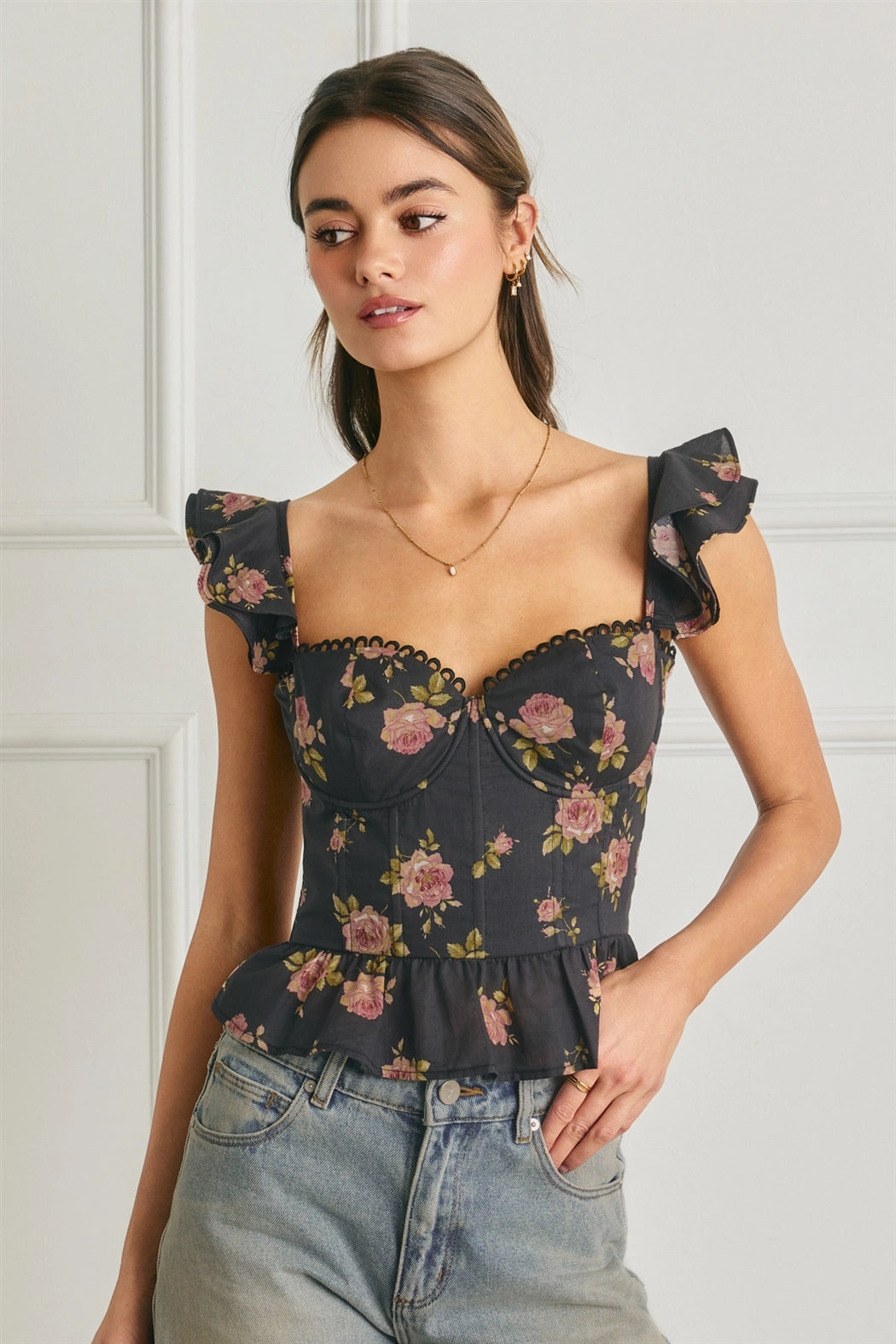Greer Floral Corset Peplum Top - Black