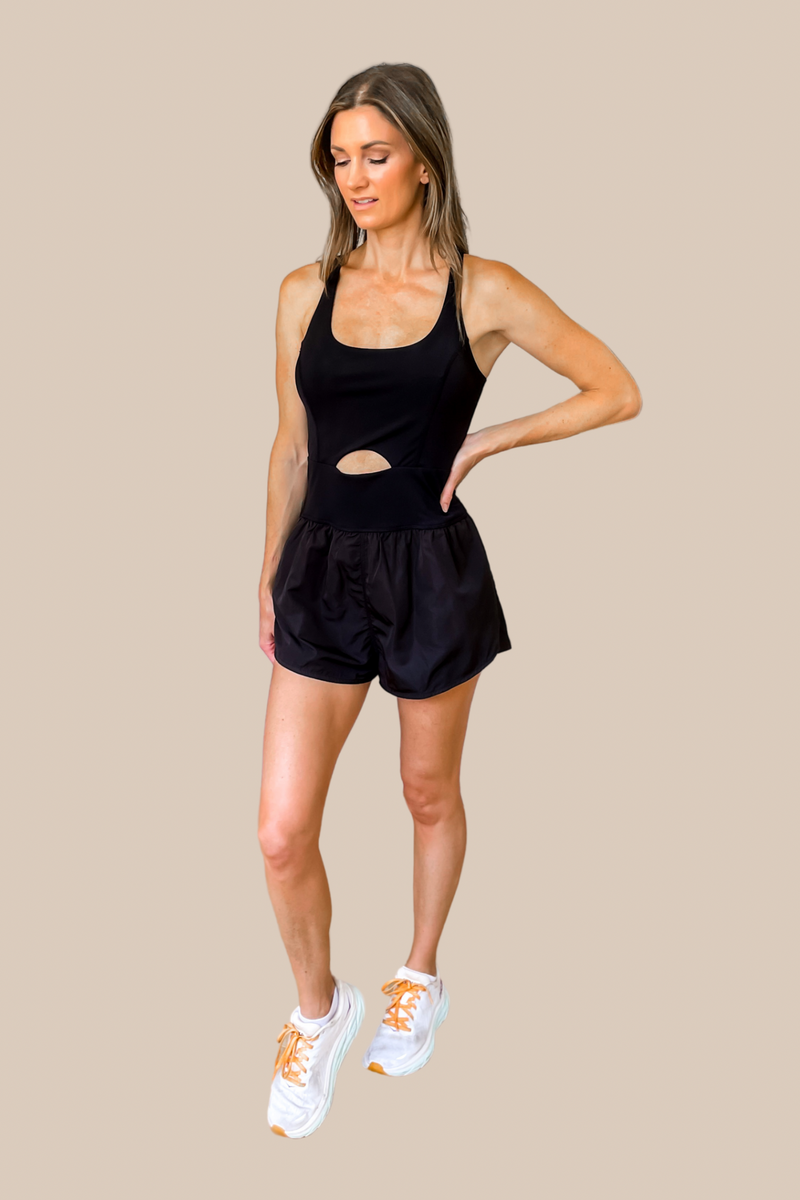 Back To It Cut Out Athletic Romper - Black